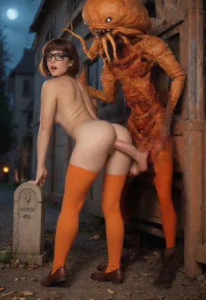 SCOOBY-DOO parody, ALL CHARACTERS IN FULL side on VIEW, dark, haunted, spooky graveyard at NIGHT, Velma, (20 year old), (naked, GLASSES, brown shoulder length hair, stockings, (ORANGE STOCKINGS:2), brown shoes.), FUCKED by a NAKED GREEN HUMANOID ALIEN CREATURE, (it has 2 big cock), (in full view), (in her pussy and anus), in the back of a van, parked in graveyard at night, cosplay, alien with 2cocks, pussy sex, anal sex, <lora:Portrait_perfection:.8>, cemetery, graves, bats, <lora:Halloween Series_ Spooky Cemetery_epoch_5:1.8>, <lora:scifi-horror-000006:.8>