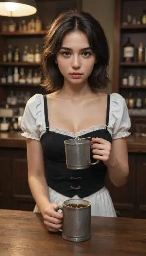 ((Cute and Sexy and leggy female hobit barmaid)), holding a mug of draft beer, in bar . Skimpily dressed bar slut with corset pushing up her ample breasts. Cute young face. Nearly nude female. Full body view highlighting her legs. Mugs of ale in her hands. Midget female body. cursed photo, creepy and cursed, absolutely cursed photo, unsettling photo, cursedimages, no context, cursed image, bad photo, weird photo, very strange, color photo, creepy photo, nightmare fuel, sharp, soft focus, depth of field, 8k photo, HDR, professional lighting, taken with Canon EOS R5, DSLR, 75mm lens, Studio Ghibli style artwork, Studio Ghibli style art film still, very detailed, high resolution, inspired by Hayao Miyazaki, anime, an ultra-clean, extremely detailed, highly polished anime-inspired visual style featuring crisp vibrant colors, refined stylized shading, smooth painterly gradients, and flawless high-definition rendering., a semi-realistic cartoon drawing style with bold, clean black outlines, highly detailed and polished rendering. masterpiece, ultra-detailed, <lora:detailed_notrigger:.8>