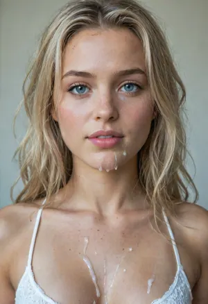 25 yo girlfriend covered in an excessive amount of realistic natural white cum, 25yrs, cute, blonde, long messy hair, Swedish, Toppless Shy and timid looking, solo, RAW photo, subject, 105mm professional photography, 8k uhd, dslr, soft lighting, high quality, film grain, Fujifilm XT3, sexy pose, home, woman, cum, on, face, <lora:JustCum:2>