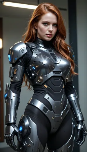 Sexy redhead woman in power armor