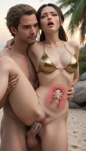 30 year old woman, (Katara:1.3), enamored, horny, glad, passionate, ahegao, head thrown back, in a tight golden bikini, a tall 40 year old male, big white cock, vaginal penetration, vaginal sex, getting fucked in her vagina by a huge white man, one leg up, standing position, ((a guy is shooting a huge amount of cum inside Azula's womb, creampie, huge creampie, cum, bukkake, belly bulge)), (((detailed x-ray on the belly))), detailed faces, eyes, on a beach, ((at sunset))
