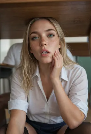 1 dark skinned African man, oral sex, 35 year old German blonde girl, (face freckles:1.7), white business shirt, black stockings, exhausted, open mouth, cum in mouth, (eyes rolled back), symmetrical full lips, round green and grey colored eyes, long straight blonde hair, perky tits, natural skin tone, wet hair, perfect fingers and hands, blowjob, Dark skinned man sitting with girl hiding under table, girl hiding under teacher's table, college classroom, detailed background, 4k, intricately detailed face, intricately detailed eyes, realistic cum, view from below
