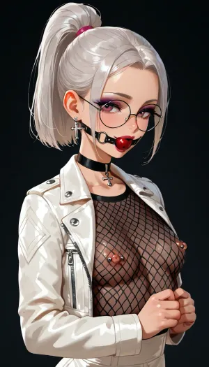 silver hair, ponytail hairstyle, round glasses, makeup, cross earrings, choker, a white leather short jacket closed fastened, smile, no bra, calm and focused, (young:1.5), medium breast, nipple piercing, a thin dark mesh top, black background, ball gag, holds the gag with his hands