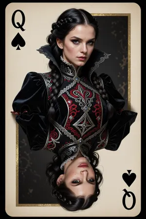 A masterfully crafted, high-definition playing card portrait of the Queen of Spades, designed in a strict traditional two-headed reversible playing card format. The composition features two identical waist-up figures of the same woman joined at the waistline, with the upper figure facing right-side up and the lower figure fully inverted 180 degrees upside-down, mirroring each other seamlessly along the horizontal center of the card.

The subject is a striking brunette woman with silky, raven-black hair styled in intricate, regal braids. She possesses striking pitch-black eyes with intense, piercing depth, prominent natural dimples resting on her cheeks, and a cold, imperious, and dominant expression that demands authority. Both the upright and upside-down figures show her complete face, head, shoulders, and upper torso.

She is draped in opulent, highly detailed dark royal attire crafted from heavy obsidian velvet and midnight-black silk, profusely embellished with ornate crimson and silver embroidery depicting stylized spade motifs, geometric filigree, and medieval gothic patterns. High-cut stiffened collars frame her neck and jawline with exquisite lace trim.

The entire composition is framed within a classic rectangular playing card structure featuring a distinct, slightly aged parchment-textured border with fine gold leaf inner lining. In the top-left corner and the inverted bottom-right corner, the capital letter "Q" is boldly crisp and clearly defined, positioned directly above a pitch-black spade suit symbol.

The lighting is dramatic and controlled, utilizing a refined chiaroscuro setup that highlights the sharp contours of her face, the subtle dimples, the specular glints in her pitch-black eyes, and the intricate micro-textures of the embroidered fabric. Shot with the perceptual characteristics of a prime 85mm optical lens at f/2.8, delivering razor-sharp focus on both mirrored faces and detailed garments, with an ultra-fine grain texture, perfect tonal range, masterwork quality, rich color depth, 8K resolution, uncompromised fidelity.
