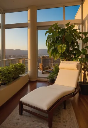 The scene, looking out at the sunset on the corner balcony of a 12 ft ceiling apartment, large floor to ceiling windows, skyscraper, stone floors on the outside, mahogany wood floors on the inside, inside is an open floor style floorplan, a cream colored lounge chair is on the inside, a burnt-ornange deck chair is on the outside. SEVERAL PLANTS are on the inside and outside of the apartment, [types of plants include a matured mix of the following], (Epipremnum aureum), (Dracaena trifasciata), (Philodendron scandens), (Hedera helix), far in the distance is a mountain that is deeply forested, one of the plants hangs from the ceiling. The balcony is half ceiling half skylight.