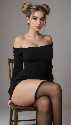 goth, blonde, two buns hairstyle, slut, extremely pretty face, oiled skin, tanned, huge natural saggy tits, solid color background, medium natural tits, thick, curvy, super waist, waist, super thighs, super ass, thighs, large ass, big ass, white sexy long sleeves hip womens off shoulder wool sweater knitting dress, black high tights stockings, pouting big lips, looking at viewer, horny, long legs, hdr, ultra detailed face, clothe on, sfw, non nude, sitting with crossed legs on a chair pose, LaDy_01, <lora:add-detail-xl:.5>, <lora:NaturalBodyV2.0:1>, <lora:Ann1:1.9>, <lora:LaDy_01-000004:1.3>