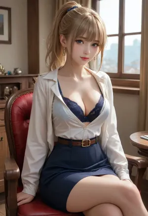 1girl, breasts, blonde_hair, cleavage, blue_eyes, solo, sitting, bra, underwear, earrings, jewelry, large_breasts, thighs, looking_at_viewer, long_hair, skirt, belt, window, indoors, chair, ponytail, crossed_legs, black_bra, closed_mouth, collarbone, blush, bra_peek, high_ponytail, bangs, jacket, long_sleeves, brown_belt, smile, lace-trimmed_bra, blue_skirt, high-waist_skirt