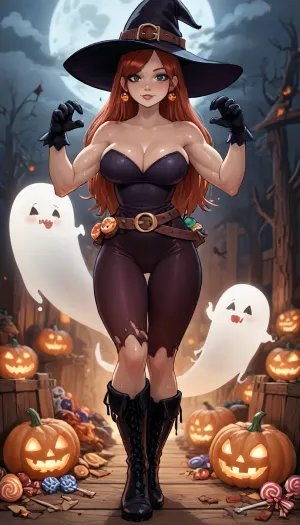 (innv meets jack cayless style), (reiq style, masterpiece, cel-shaded, limited color palette), ((Beautiful Muscles Sexy Wendy corduroy from Gravity Falls anime body:1.4)), (1girl, solo, alone, 21 year old woman), (long reddish hair just past her hips), (gorgeous, seductive face, green eyes, freckles, perfect ads, perfect breast, muscles body, muscles arms, perfect hands, muscles legs, perfect ass, sweaty body), (((witch hat), (tight Hot Sexy Witch Costume), (Witch black gloves), (Witch stub earrings), (Witch boots), (Witch Belt))), (trick or treat pose), (Halloween Candy, ghost, jack o lanterns pumpkins, candy, blood, moon, steam, wood, smoke, sauna background), ultraviolet light, LoL, Style, ratatatat74, <lora:LCMTurboMix_Euler_A_fix:2>, <lora:mk_Bp Anime_xl:2>, <lora:FF-Halloween-Full:2>, <lora:EnvySorceressXL01:2>, <lora:ratatatat74-000050:2>