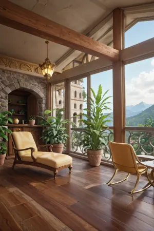 The scene, looking out at the sunset on the corner balcony of a 12 ft ceiling apartment, large floor to ceiling windows, skyscraper, focus on the outside, while balcony has stone floors, the interior which is an open floorplan with aged mahogany wood floors, a cream colored lounge chair is on the inside, a burnt-ornange deck chair can be found on the outside, large ceiling beam goes across the ceiling, stone arch, SEVERAL MATURED PLANTS are on the inside and outside of the apartment, [types of plants include a matured mix of the following], (Epipremnum aureum), (Dracaena trifasciata), (Philodendron scandens), (Hedera helix), far in the distance is a mountain that is deeply forested, one of the plants hangs from the ceiling. The balcony is half ceiling half skylight.