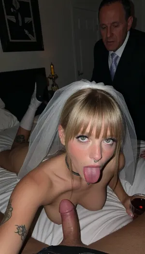 Selfie, porn selfie, view from above, At night, shadow, shadowed light, very few light, dark bedroom, subdued Light, lie on stomach, lie on belly, drunken, drink, (cum tongue), bottes of alcool, (18 years old petite cute blonde bride girl, instagram model petite, angelic makeup, bride veil, Sweaty, piercing nipples, tits pierced, septum piercing, nose piercing, chocker, small boobs, very slim girl, slim figure, slim waist, full lips, big eyelashes, small waist, fit girl, petite fit girl, petite, tight, very submissive, freckles, slutty face, slutty look, very petite girl, sexy tatoos, very arched), strangulation marks, strangulation bruises, Red cheeks, Lying on stomach, on her stomach, on forearms, on bed, sex, penetration, enormous dick, big Dick, bbc, ultra realistic, highly detailed, selfie quality, Hair with bangs.There's an sad man, (40yo, in groom clothes), behind them, staring at them.