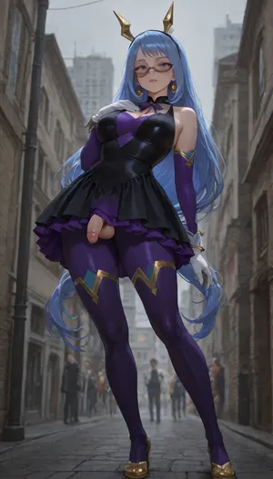 very beautiful character art, 1futanari, an emphemeral beauty, feminine, beautiful hair, beautiful eyes, emphasizing her beautiful body, lovely and detailed outfit, in frame, steady gaze, surrounded by a soft nebula with a gentle glow that highlights her beautiful body, soft focus, soft illumination, depth of field, perfect eyes mature futanari, beautiful background, beautiful composition, breathtaking masterpiece, ultra high quality., (tiny penis:1), small penis, flaccid penis, saggy penis, testicles, she stay in fashion model pose..

Anime art, full body shot, real eyes and face, detailed photo, anime style, real hair, hyperrealistic surroundings, realistic background, detailed, real photo, realistic lighting, 8k UHD, proper shading and shadows, realistic face and fingers, proper body, high quality photo, proper fingers and face.

a beautiful character with balanced proportions and well-made, Hado Nejire from Boku no Hero Academia, she has blue eyes, very long hair, blue hair. Wearing superhero costume, skin tight blue bodysuit with green details in the middle, and white details, white gloves, the girl has ivory skin, a short, voluminous big blue hair, very messy hair, bantu knots, choppy bangs, the girl looks sick, pale skin, tired eyes, weak posture, she is looking over eyewear, is wearing black party dress, paired with orange brown a significantly small, ultra short pleated skirt with ultra short length and a very micro size, and purple white knee length socks, ivory wedge on the feet, teal hairband, cobalt neck ribbon, and lavender bracelet, her outfit is made from glitter satin, features glittery elements incorporated into the satin weave, adding a subtle shimmer to the fabric.

-.
The full scenery is a grounded cityscape perspective with jagged, angular buildings with dark, harsh colors, deep reds, blacks, and steel grays, crumbling structures and sharp, spiked elements dominate the skyline, chaotic, fragmented pathways create a sense of unease and danger in the city