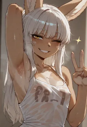 (ratatatat74), (Nanachi, furry), solo, armpit fetish, sweaty armpit, smile, wink, peace sign, looking at viewer, side view, <lora:ratatatat74-000050:2>