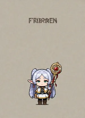 Cute, pixel art, 16 bit art, chibi style, Frieren, white background, Spot illustration