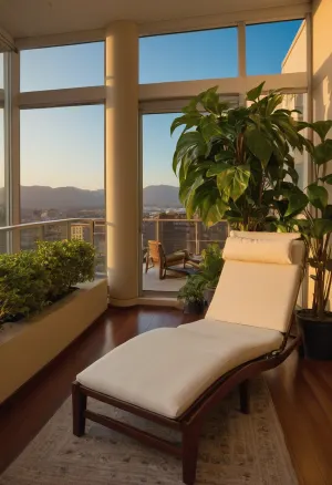 The scene, looking out at the sunset on the corner balcony of a 12 ft ceiling apartment, large floor to ceiling windows, skyscraper, stone floors on the outside, mahogany wood floors on the inside, inside is an open floor style floorplan, a cream colored lounge chair is on the inside, a burnt-ornange deck chair is on the outside. SEVERAL PLANTS are on the inside and outside of the apartment, [types of plants include a matured mix of the following], (Epipremnum aureum), (Dracaena trifasciata), (Philodendron scandens), (Hedera helix), far in the distance is a mountain that is deeply forested, one of the plants hangs from the ceiling. The balcony is half ceiling half skylight.