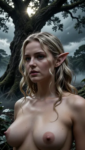 epic fantasy scenery, mythical, close view, photorealistic image, finely detailed, a woman, fully nude, detailed face, wavy blonde hair, natural chubby body, luminous pale skin, a gorgeous elf under a mighty old oak tree, pointy-ears, dark forest, clouds, dappled sunrays, moody fog, detailed foreground, duotone, The Wizard of Oz style