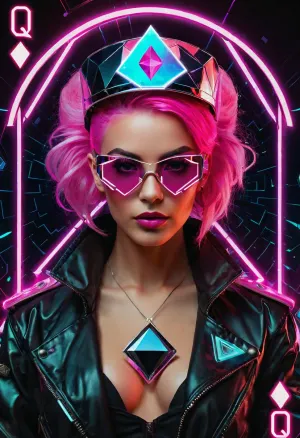 A cyberpunk-style playing card design featuring the Queen of Clubs. A beautiful cyberpunk-style girl with neon-pink hair, glowing glasses, and a black leather jacket. On her chest is a pendant—a large diamond-shaped crystal resembling the clubs suit. Classic playing card layout, the letter “Q” and the clubs symbol in the corners. Bright colors, digital art style.