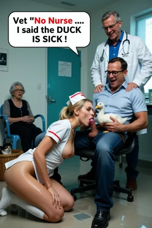 hyper-realistic, masterpiece, 8k UHD, highly detailed, sharp focus, cinematic lighting, a scandalous scene in a veterinary surgery waiting room, close-up of a blonde nurse in a provocative, undone sexy nurse uniform with a nurse hat, breasts exposed, kneeling on the floor, her head in the lap of a man sitting in a chair, she is sucking the seated man's exposed penis, giving fellatio, the man is casually dressed in shirt and jeans, his head is tilted back with an orgasmic smile, the man is cradling a small sick white duck with a yellow beak under his arm, an elderly male veterinarian in a professional white coat with a stethoscope around his neck stands behind the nurse with hands on hips laughing, background features a shocked old grandmother sitting in a plastic chair with a cat in a wicker basket, clinical environment, sterile white and teal color palette, dramatic contrast, depth of field, photorealistic skin textures, wetness, raw emotion, candid shot.
Speech bubble at top by Vet “No Nurse … I said the DUCK IS SICK ! “