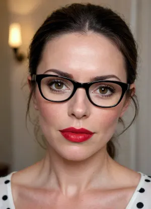 1girl, solo, ((mature face)), ((older milf)), (polka dot glasses), face focus, close-up portrait, Kendra Lust, (Kendra Lust looking mild), 58 year old mature Caucasian woman, dark brown almost black hair pulled back into an extremely tight high ponytail with a neat bun at the crown, not a single loose strand, thin rectangular polka dot glasses resting slightly low on the bridge of her nose, bright glossy deep red lipstick on full plump lips, soft mature face with high cheekbones, slightly hollowed cheeks, defined jawline that softens into a soft chin, mild nasolabial folds, fine crow’s feet at the outer corners of her eyes, subtle under-eye hollowness, light forehead lines, realistic mature skin texture with visible pores and natural micro-imperfections, arched dark eyebrows, almond-shaped eyes with a direct, slightly intense gaze looking at the viewer, fair skin with a warm undertone, photorealistic, ultra detailed face, sharp focus, soft studio lighting, 4k, best quality, masterpiece