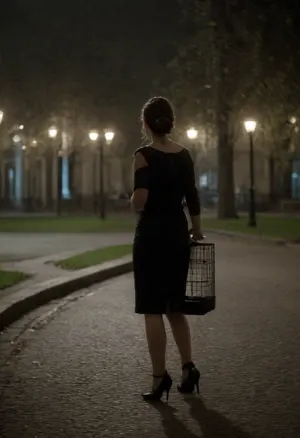 A young woman of European appearance, wearing only an unfastened robe and high heels, walks briskly through a park pushing a bab stroller, she has a slender body, large sagging breasts, a hairy pubic area, and her hair is tied in a ponytail. Wide shot., (walking with a bab stroller), (crying), (Crying), A park at night, kiosks, drunks lying around, homeless people. The city at night., (A park at night), homeless people. The city at night. 90s, USSR, NEGATIVE_HANDS, great, lighting, masterpiece, best photo, highly detailed background, ((16k quality)), Chiaroscuro Lighting Style, 4ng3l, face, (nighttime), (no ambient light), (overexposed flash highlights on subject), (cool white balance:1.3), (cyan-tinted shadows from digital camera sensor), (fluorescent lighting tint), (artificial lighting with cyan hue), (realistic dark environment with high flash contrast), (direct flash photography), (overexposed flash), (strong shadows), (sharp shadows), (background remains visible due to flash, but lacks blur or depth separation), (sharp background), (background in focus), (no background blur), (clear background details), (wet surfaces reflecting small highlights), (realistic environment), (scene "Myspace"), (2000s), (90s digital aesthetic), (Scene-Queen), (Myspace), (picture), (bad quality), (90s style), (80s), (1990s), (analogic), (analogic style), (low quality photo), (old camera), (flash photo), (old digital camera), (cellphone photography), (Polaroid flash camera), (raw), (jpeg artifacts), (film grain), (light leak), (low res), (low quality), (unfiltered), (low contrast), (low contrast:2), (noise in all darker areas), (noise in dark areas), (shiny reflections on surfaces), (gritty), (optional), Leica M10, dslr, Wide-Angle Lens 50mm, ((extremely closed shot:1.8)), (((closed-Angle perspective:1.8))), (((interesting angle))), (full-length image:1.9), ((rear side view:1.8)), (nighttime), (single harsh flash from the camera), (overexposed flash highlights on subject), (sharp shadows behind and around her), (heavy noise in all darker areas), (visible digital noise across the image), (gaussian blur), (soft gaussian blur across background and edges), (countertop and appliance surfaces reflecting small highlights), (flat lighting due to direct flash), (cool white balance:1.3), (film grain), (low contrast), (unfiltered), (jpeg artifacts), (unedited), (cellphone photography), (low ambient lighting), (lights mostly off), (Polaroid flash), <lora:sagging-000015:1.4>, <lora:crying:.7>, <lora:Polaroidv2:.4>, <lora:late night out_epoch_12:1>