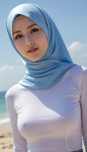 Exceptional artworks of 3 asian hejab muslimah beauties wearing stretchy silky shirt, highly detailed face, dreamy eyes, undercap covering forehead, turtleneck, lightweight, long sleeves, long skirt, unshaped chest, knobby nipples, hard areolas, happy, strong front shadow, beach, clear blue sky, selfie photo, closeup, hentai anime style, Krenz Cushart style