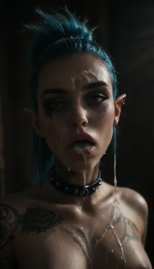 (Punk elf:1.5), 21, (insanely sexy:1.5), elegant, slim, perfect breasts, very big bimbo lips, slim nose, big blue eyes, (aristocratic facial features), blue hair, very long eyelashes, oval face, thin eyebrows, (narrow face:1.3), strong makeup, (colourful body tattoos), (piercings:1.5), collar, (mascara tears:1.3), (ruined punk hairstyle:1.4), errected nipples, eye contact, (mouth slightly open:1.4), (excessive cum in mouth:1.5), (cum dripping:1.6), (cheeky:1.5), ((cum on face:1.5)), sunshine, shadows, detailxl, 1girl, emo, girl, Punk, 3lf, woman, portrait, blue, hair, ponytail, jewelry, sunlight_str1, <lora:2010s_Emo_Style_XL:2>, <lora:dark:.5>, <lora:detailer-xl:2>, <lora:Punk_Elf:2>, <lora:sunlight_str1-SDXL_v1-dim64-steps1691:2>