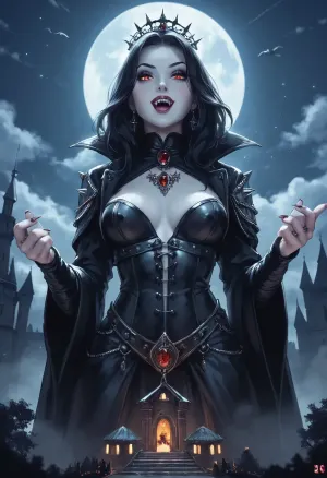 western-comic style, moonlit night drawing, fog in the lower half of the picture, cartoon, A hyper-slender female-vampire giantess with white skin and black hair gigantic in the center over her spiked-castle, touches one ancient castletower its dyster but smaller then her, and her bodyshape grows to monumental-proportions, show her perfect vampire teeth, and titanic in size in front of the moon, (soft focus, blurred backgroud:1), blueshift effect, <lora:uberfit_lora_sdxl:1>, <lora:black_metal_art:2>