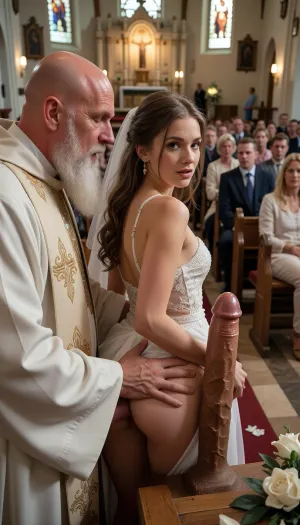 Full body, masterpiece, best quality, RAW picture, full face, heterosexual sex, doggy style, church wedding background, 1 young bride, 1 very old priest, bride and priest having anal sex during wedding, in front of groom, priest is bald and has a long white beard, big excited dick, priest fucks bride in asshole, bride standing, priest stands behind bride, priest holds bride by the waist and pull her onto his large erect penis, in church altar, wedding decorated church, full church, focus on audience sitting on church benches, audience attentive, focus on crowd, [[masterpiece, 8k, RAW photo, portrait, best quality, ultra high res, photorealistic, cinematic lighting, depth of field, lens flare]], crowd, of, people