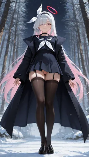 very beautiful character art, 1futanary, an ephemeral beauty, feminine, beautiful hair, beautiful eyes, emphasizing her beautiful body, lovely and detailed outfit, in frame, steady gaze, surrounded by a soft nebula with a gentle glow that highlights her beautiful body, soft focus, soft illumination, depth of field, perfect eyes, mature futanari, beautiful background, beautiful composition, breathtaking masterpiece, ultra high quality. pubic hair, (tiny penis:1), small penis, flaccid penis, saggy penis, testicles, she stay in fashion model pose. no panties.

Anime art, full body shot, real eyes and face, detailed photo, anime style, real hair, hyper-realistic surroundings, realistic background, detailed, real photo, realistic lighting, 8k UHD, proper shading and shadows, realistic face and fingers, proper body, in frame, high quality photo, proper fingers and face.

low angle view, a beautiful character with balanced proportions and well-made, Plana from Blue Archive, she has black eyes, long hair, white hair, pink inner hair, hair over one eye, single braid, white hair bow, hair band. Wearing black choker, black shirt with long sleeves, black sailor colar, black coat, white neckerchief, black pleated skirt, black pantyhose, black loafers, the girl has ivory skin, very short pink hair, spiked hair, bantu knots, asymmetrical bangs, the girl looks sorry, apologetic eyes, slight bow, tense smile, she is looking back, is wearing black china long dress, paired with red lilac a significantly small, ultra short pleated skirt with ultra short length and a very micro size, and dark blue garter straps, azure kiltie loafers on the feet, burnt orange pentacle, brown gray bracelet, her outfit is made of a slimy-like material, the fabric has a sticky texture, with a transparency that revels the body underneath.

-.
The full scenery is a snow forest, quiet realms of dense pine and fir, draped in snow for most of the year, with minimal undergrowth