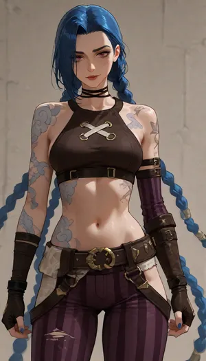 Jinx from Arcane, 1girl, closed mouth, light smile, mimik, outfit_1, choker, bare shoulders, brown crop top, midriff, brown belt, striped sleeves, asymmetrical sleeves, fingerless gloves, brown gloves, striped pants, torn pants, ChopioJinx, dark blue hair, very long hair, twin braids, asymmetrical bangs, black eyeliner, black eyebrows, red lips, pink eyes, freckles, looking at viewer, medium breasts, tattoo, shoulder tattoo, arm tattoo, stomach tattoo, blue nails, limn0v style, flat colors, thighs, looking at viewer, solo, alone, standing still, cowboy shot, skinny, emaciated, yotsumi sharp lineart, vibrant colors, semi-realistic anime style