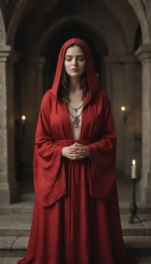 over-detailed professional photography portrait in mid shot, masterpiece, epic photorealism, DSLR camera, best resolution, uhd, perfect composition of lights.
Sharp focus on face and hands. On an ancient altar inside a dark gothic chapel, a mysterious dark priestess kneels in prayer before a single glowing candle, wearing a flowing crimson red silk robe, ornate and elegant, a hood partially covering her hair with a few strands visible, her perfect beautiful and delicate face illuminated by warm candlelight, detailed hands clasped together in dark devotion, eyes closed in reverence, low cut. an ominous red glow surrounding the candle flame, behind her 2 ethereal dark spirits swirling in the shadows, ancient occult symbols carved into the stone altar, gothic stone arches lowly visible in the darkness, dramatic lighting, unsettling mystical atmosphere, full body view
