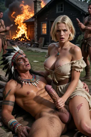 Hyperrealistic 35mm film still, cinematic historical adventure style, a raw and visceral scene reminiscent of 19th-century oil paintings and epic cinema. High-angle overhead shot. Showing A rugged, muscular Native American Chief with traditional war paint, intricate feather headdresses, and fang necklaces, he is lying on his back, fucking the ranchers wife, she is kneeling and straddling the chief, riding on his cock, their hips conjoined together in deep penetration, he is thrusting his large erect cock into the hairy pussy of the short blonde rancher's wife. Visible penetration, explicit sexual act. The womans expression is a mix of fear, lust, and coquettishness, big meaningful blue eyes, elegant blonde hair. She wears dirty rags of a beige linen and lace off-shoulder dress, enormous tits exposed, hem lifted to reveal long legs and a hairy vulva, large saggy breasts exposed. In the distant background, a dark wooden ranch homestead is a raging inferno, burning to the ground with a stone chimney remaining. Other Native American warriors stand in the background, stroking their exposed cocks. Dramatic sunlight, harsh shadows, gritty texture, hyper-detailed skin pores, sweat, fabric weave, and jewelry. Earthy color palette contrasted with bright orange flames. Painterly realism, concept art, volumetric lighting, 8k resolution, highly detailed anatomical accuracy.