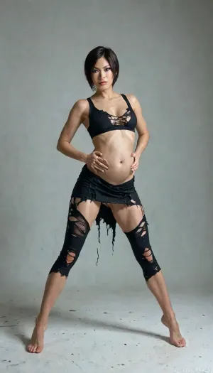 8k, score_9, score_8_up, score_7_up, FILM PHOTOGRAPHY STYLE, cinematic photography of a woman, professional portrait photo realism, Ada Wong from game "Resident Evil", belly inflation, torn clothing in the abdominal area, barefoot, <lora:detailed_notrigger:2>, <lora:add-detail-xl:.8>, dynamic pose, <lora:ratatatat74-000050:.8>, <lora:NEOTOKIOXL_0.2_RC:.8>, <lora:LCMTurboMix_Euler_A_fix:.8>