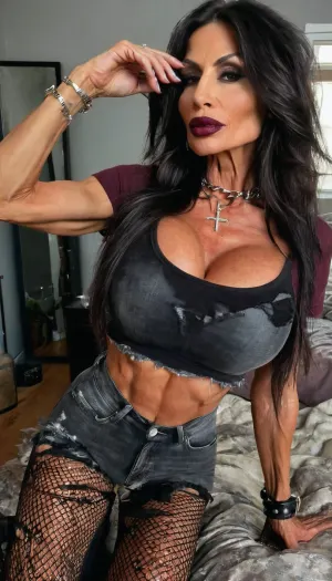 (mature woman, very slender muscular physique, defined abs, sculpted arms, long lean legs, messy dark hair, smudged black eyeliner, muted burgundy lips, distressed cropped cleavage band tee, torn black denim, fishnet tights with ripped sections, oversized flannel, combat boots, layered silver chains, front-camera selfie, harsh flash, messy bedroom, raw grunge, edgy, rebellious, sultry), seductively, sexy hands, showing off lips, long dress, seductive face, skinny fit, anorexic, close up, photoshoot posing, ballerina, ((55yo old skin woman)), choker, tattoos, sexy neck, (tan skin), (fit body:1.3), (beautiful black hair Jewish milf instagram model face), (fit body), very beautiful, perfect skinny body, perfect face, looking at the camera, perfect eyes, (skinny fit), pretty, snub-nosed, long hair, bmbplora, large, breasts, big, boobs, huge, tits, <lora:bimboxl_02:.8>, <lora:clothed_small:1.8>, <lora:bombshell_v2:.8>