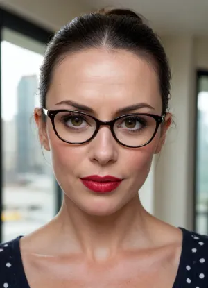 1girl, solo, ((mature face)), ((older milf)), (polka dot glasses), face focus, close-up portrait, Kendra Lust, (Kendra Lust looking mild), 58 year old mature Caucasian woman, dark brown almost black hair pulled back into an extremely tight high ponytail with a neat bun at the crown, not a single loose strand, thin rectangular polka dot glasses resting slightly low on the bridge of her nose, bright glossy deep red lipstick on full plump lips, soft mature face with high cheekbones, slightly hollowed cheeks, defined jawline that softens into a soft chin, mild nasolabial folds, fine crow’s feet at the outer corners of her eyes, subtle under-eye hollowness, light forehead lines, realistic mature skin texture with visible pores and natural micro-imperfections, arched dark eyebrows, almond-shaped eyes with a direct, slightly intense gaze looking at the viewer, fair skin with a warm undertone, photorealistic, ultra detailed face, sharp focus, soft studio lighting, 4k, best quality, masterpiece