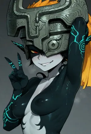 (ratatatat74), (Midna), solo, armpit fetish, sweaty armpit, smile, wink, peace sign, looking at viewer, side view, <lora:ratatatat74-000050:2>