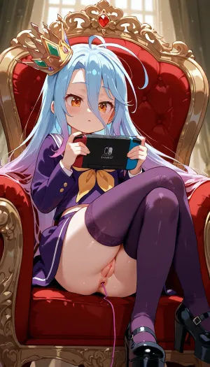 shiro no game no life, lies, butt, the royal throne, crown, school uniform, playing a game console, not paying attention, looking at the game console, solo, full-length view, manicure, cute panties, medium breast, (young:1.8), clitoris, anus hole, stockings, high platform heels, crossed legs, virgin anus, an anal vibrator is attached to the thigh