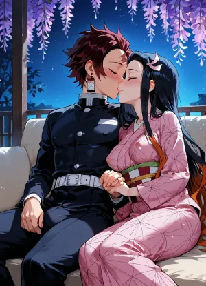 kamado nezuko from demon slayer and kamado tanjirou from demon slayer cuddling togther on the couch on a patio in a wisteria garden at night, pink kimono, demon slayer uniform, couple cuddling, tight clothes, bulge in pants, petite breasts, perky covered nipples, looking at each other, leaning in for a kiss, large anime eyes, blushing, comfortable, soft smile, soft lighting, holding hands, moonlight, midnight, masterpiece.
