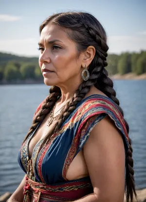 RAW photo, shot on NIKON'S D850, F/1.8, shallow depth of field, sharp focus on the subject, ultra-detailed micro features, highly detailed textures, realistic skin tones, vibrant colors, cinematic composition, maximum detail, hyper-realistic rendering, professional photo quality, A 54-year-old beautiful Native American woman, (side view:1.1), from the Kickapoo tribe, (beautiful elderly native Comanche American woman with folds of fat and cellulite:1.2), with small, flat, sagging breasts, a small, saggy belly, (fat folds on thighs), (((flatchested:1.2))), ((localized abdominal fat:1.2), and cellulite-covered buttocks stands on the shore of a lake., (elements of national dress:1.4), ., (dark hair braided)), vntg, line-art, <lora:vntg-line-art-v2:.8>, <lora:deep_Onyx_black_woman_verz:.8>, Sapphire, <lora:SapphireV2-000008:.8>