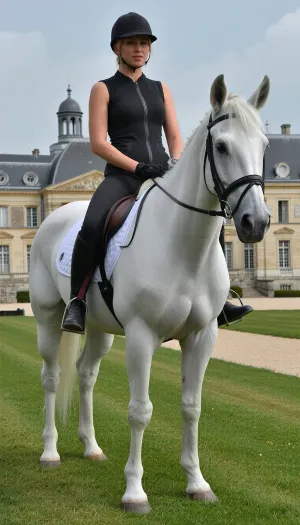Sur une pelouse devant le château de Vauls-le-Vicomte, une femme en tenue d'équitation très skinny, sur une grand cheval blanc, plan rapproché.