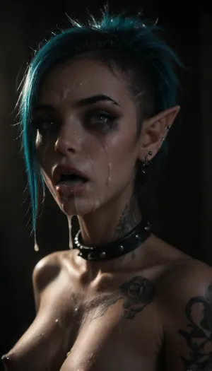 (Punk elf:1.5), 21, (insanely sexy:1.5), elegant, slim, perfect breasts, very big bimbo lips, slim nose, big blue eyes, (aristocratic facial features), blue hair, very long eyelashes, oval face, thin eyebrows, (narrow face:1.3), strong makeup, (colourful body tattoos), (piercings:1.5), collar, (mascara tears:1.3), (ruined punk hairstyle:1.4), errected nipples, eye contact, (mouth slightly open:1.4), (excessive cum in mouth:1.5), (cum dripping:1.6), (cheeky:1.5), ((cum on face:1.5)), sunshine, shadows, detailxl, 1girl, emo, girl, Punk, 3lf, woman, portrait, blue, hair, ponytail, jewelry, sunlight_str1, <lora:2010s_Emo_Style_XL:2>, <lora:dark:.5>, <lora:detailer-xl:2>, <lora:Punk_Elf:2>, <lora:sunlight_str1-SDXL_v1-dim64-steps1691:2>