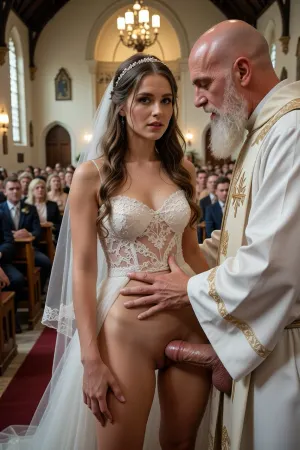 Full body, masterpiece, best quality, RAW picture, full face, heterosexual sex, doggy style, church wedding background, 1 young bride, 1 very old priest, bride and priest having anal sex during wedding, in front of groom, priest is bald and has a long white beard, big excited dick, priest fucks bride in asshole, bride standing, priest stands behind bride, priest holds bride by the waist and pull her onto his large erect penis, in church altar, wedding decorated church, full church, focus on audience sitting on church benches, audience attentive, focus on crowd, [[masterpiece, 8k, RAW photo, portrait, best quality, ultra high res, photorealistic, cinematic lighting, depth of field, lens flare]], crowd, of, people