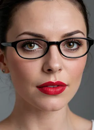 1girl, solo, ((mature face)), ((older milf)), (polka dot glasses), face focus, close-up portrait, Kendra Lust, (Kendra Lust looking mild), 58 year old mature Caucasian woman, dark brown almost black hair pulled back into an extremely tight high ponytail with a neat bun at the crown, not a single loose strand, thin rectangular polka dot glasses resting slightly low on the bridge of her nose, bright glossy deep red lipstick on full plump lips, soft mature face with high cheekbones, slightly hollowed cheeks, defined jawline that softens into a soft chin, mild nasolabial folds, fine crow’s feet at the outer corners of her eyes, subtle under-eye hollowness, light forehead lines, realistic mature skin texture with visible pores and natural micro-imperfections, arched dark eyebrows, almond-shaped eyes with a direct, slightly intense gaze looking at the viewer, fair skin with a warm undertone, photorealistic, ultra detailed face, sharp focus, soft studio lighting, 4k, best quality, masterpiece