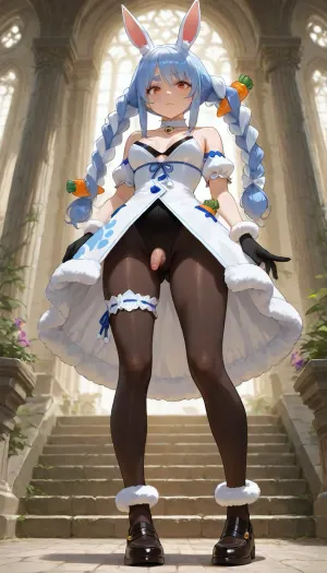 very beautiful character art, 1futanary, an ephemeral beauty, feminine, beautiful hair, beautiful eyes, emphasizing her beautiful body, lovely and detailed outfit, in frame, steady gaze, surrounded by a soft nebula with a gentle glow that highlights her beautiful body, soft focus, soft illumination, depth of field, perfect eyes, mature futanari, beautiful background, beautiful composition, breathtaking masterpiece, ultra high quality. pubic hair, (tiny penis:1), small penis, flaccid penis, saggy penis, testicles, she stay in fashion model pose. no panties.

Anime art, full body shot, real eyes and face, detailed photo, anime style, real hair, hyper-realistic surroundings, realistic background, detailed, real photo, realistic lighting, 8k UHD, proper shading and shadows, realistic face and fingers, proper body, high quality photo, proper fingers and face.

low angle view, a beautiful character with balanced proportions and well-made, Usada Pekora, (1st costume), from Hololive, virtual youtuber, she has orange eyes, thick eyebrows, long hair, two-tone white and blue hair, twin braids, carrot hair ornament, sidelocks, rabbit ears, small breasts. Wearing the white fur don-chan around her neck, a fur-trimmed white dress, puffy detached sleeves, short sleeves, black short gloves, black pantyhose, a single frilled thigh strap, the girl has ivory skin, voluminous big blonde hair, twin drills hair, low twin braids, choppy bangs, the girl is frightened, trembling body, wide eyes, mouth slightly open, she is making eye contact, is wearing black shirt dress, a dress inspired by men shirt, paired with orange brown a significantly small, ultra short pleated skirt with ultra short length and a very micro size, and black knee length socks, dark red loafers on the feet, purple gray neck bell, red violet bracelet, her outfit is made of chiffon fabric, with gauze quality, gossamer texture, rich in sheer and shimmery.

-.
The full scenery is an ancient temple ruins covered in divine, glowing vines and flowers, massive stone pillars, devastated, etched with faded sacred symbols, crumble under the weight of time, but still radiate a faint golden light, the altar at the heart of the temple is destroyed and cracked, yet untouched by nature, surrounded by ethereal beams of sunlight filtering through the broken roof, soft white moss and luminescent plants create a tranquil aura
