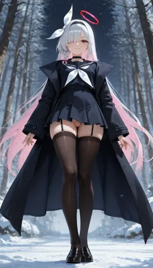 very beautiful character art, 1futanary, an ephemeral beauty, feminine, beautiful hair, beautiful eyes, emphasizing her beautiful body, lovely and detailed outfit, in frame, steady gaze, surrounded by a soft nebula with a gentle glow that highlights her beautiful body, soft focus, soft illumination, depth of field, perfect eyes, mature futanari, beautiful background, beautiful composition, breathtaking masterpiece, ultra high quality. pubic hair, (tiny penis:1), small penis, flaccid penis, saggy penis, testicles, she stay in fashion model pose. no panties.

Anime art, full body shot, real eyes and face, detailed photo, anime style, real hair, hyper-realistic surroundings, realistic background, detailed, real photo, realistic lighting, 8k UHD, proper shading and shadows, realistic face and fingers, proper body, in frame, high quality photo, proper fingers and face.

low angle view, a beautiful character with balanced proportions and well-made, Plana from Blue Archive, she has black eyes, long hair, white hair, pink inner hair, hair over one eye, single braid, white hair bow, hair band. Wearing black choker, black shirt with long sleeves, black sailor colar, black coat, white neckerchief, black pleated skirt, black pantyhose, black loafers, the girl has ivory skin, very short pink hair, spiked hair, bantu knots, asymmetrical bangs, the girl looks sorry, apologetic eyes, slight bow, tense smile, she is looking back, is wearing black china long dress, paired with red lilac a significantly small, ultra short pleated skirt with ultra short length and a very micro size, and dark blue garter straps, azure kiltie loafers on the feet, burnt orange pentacle, brown gray bracelet, her outfit is made of a slimy-like material, the fabric has a sticky texture, with a transparency that revels the body underneath.

-.
The full scenery is a snow forest, quiet realms of dense pine and fir, draped in snow for most of the year, with minimal undergrowth