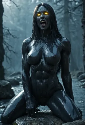 Evil Colossal female Lycan from skyrim, sexy Lycan girl AND human knight, yellow-eyes glowing, horror, tone, black wet fur, black filigree ornaments, huge boobs, massive muscles under fur, open mouth with lots of sharp fangs, posing on jagged throne, epic backlighting, raytracing, sharp focus, blurred background, artstyle elden ring