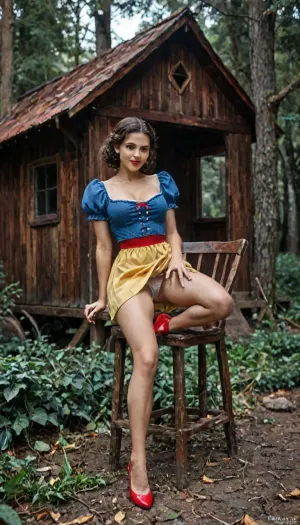 8k, score_9, score_8_up, score_7_up, score_6_up, FILM PHOTOGRAPHY STYLE, cinematic photography of a woman, professional portrait photo realism, Disney snow White, black short curly sleek haircut, blue puffy blouse with puffy arms, yellow puffy knee-length skirt, forest, trees, grass, wooden house, the Middle Ages, perfect body proportions, long slender smooth legs, red high-heeled shoes, narrow calves, narrow hips, perfect ass, big natural breasts, heaving cleavage, cowboy shot, perfect hands, red lipstick, seductive gaze, flirty smile, sitting on a wooden chair with her legs crossed, <lora:ratatatat74-000050:.8>, <lora:NEOTOKIOXL_0.2_RC:.8>, <lora:detailed_notrigger:2>, <lora:LCMTurboMix_Euler_A_fix:.8>, <lora:add-detail-xl:.8>