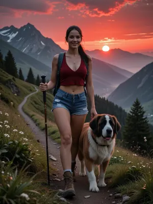Masterpiece, highest quality, front-lit, illuminated with harsh flash, extremely detailed, high resolution. Low-angle shot, wide-angle, frontal view of the subject, full-body shot. Setting, Switzerland, Swiss Alps, a winding hiking trail leading from the valley to the summit, early morning, the sun is still behind the mountains, a bright red sunrise, bright red clouds amidst the haze, morning mist in the valley, morning dew on the plants, grass, and bushes. A beautiful 28-year-old Greek woman is hiking along the trail toward the summit, accompanied by her loyal companion—a young St. Bernard. She has a perfect, slender figure, long black hair tied back in a ponytail. She is wearing a dark red, cropped tank top with a deep V-neck, extremely short denim shorts, hiking boots, and a backpack, she also holds a hiking pole. Full-body shot, she is smiling at the camera. Captured on 35mm film, analog photography, natural light fall-off, soft shadow transitions, slight film grain, fine noise structure, imperfect focus, uneven sharpness, realistic skin texture with visible pores and subtle color variations—no digital sharpening, no HDR look, organic imperfections, cinematic realism defined by natural light and physical details.
