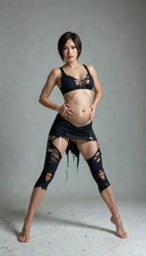8k, score_9, score_8_up, score_7_up, FILM PHOTOGRAPHY STYLE, cinematic photography of a woman, professional portrait photo realism, Ada Wong from game "Resident Evil", belly inflation, torn clothing in the abdominal area, barefoot, <lora:detailed_notrigger:2>, <lora:add-detail-xl:.8>, dynamic pose, <lora:ratatatat74-000050:.8>, <lora:NEOTOKIOXL_0.2_RC:.8>, <lora:LCMTurboMix_Euler_A_fix:.8>