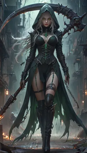 Dark nun, sexy, slender, fair skin, glowing green aura, glowing eyes, dark hood, long white hair, cleavage, big belt, elaborated leather corset, high-cut panties, thigh gap, long tunic, thigh-high boots, garter belts, thigh belts, richly decorated outfit, detailed clothes, holding big scythe, chains on scythe, walking, XUER, Dark, girl, holding, scythe, dark, aura, <lora:Dark Nun (Pony):.8>, <lora:绪儿 暗黑少女 XUER Dark girl:.8>, <lora:Dark_Aura_XL_-_Filled_with_miasma:.8>, <lora:detailed_notrigger:.8>
