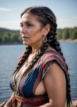 RAW photo, shot on NIKON'S D850, F/1.8, shallow depth of field, sharp focus on the subject, ultra-detailed micro features, highly detailed textures, realistic skin tones, vibrant colors, cinematic composition, maximum detail, hyper-realistic rendering, professional photo quality, A 54-year-old beautiful Native American woman, (side view:1.1), from the Kickapoo tribe, (beautiful elderly native Comanche American woman with folds of fat and cellulite:1.2), with small, flat, sagging breasts, a small, saggy belly, (fat folds on thighs), (((flatchested:1.2))), ((localized abdominal fat:1.2), and cellulite-covered buttocks stands on the shore of a lake., (elements of national dress:1.4), ., (dark hair braided)), vntg, line-art, <lora:vntg-line-art-v2:.8>, <lora:deep_Onyx_black_woman_verz:.8>, Sapphire, <lora:SapphireV2-000008:.8>